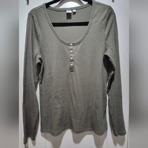 GAP Olive Green Ribbed Henley Top Size XL Stretch Long Sleeve